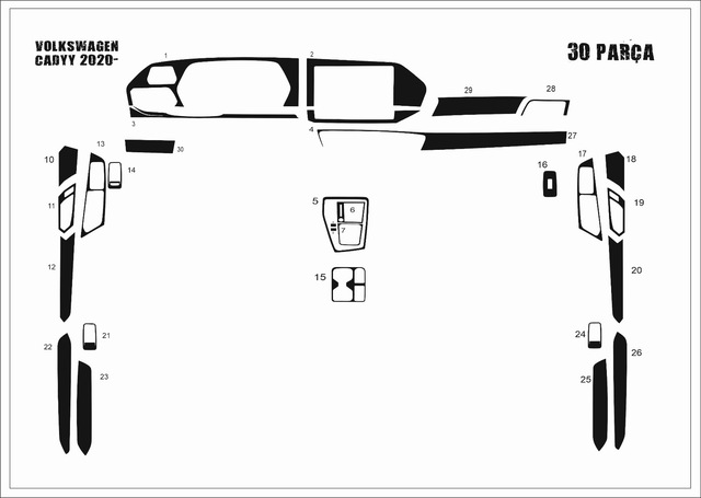 Volkswagen Caddy Torpido Kaplama 2020- 30 Parça Piano Black