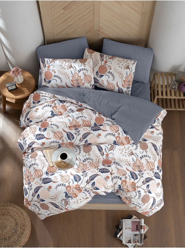 Mystory Home Etro Lastikli Çarşaflı Çift Kişilik Nevresim Takımı Indigo - Kahverengi