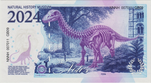 İngiltere Doğa Tarihi Müzesi Hatıra - Dinozor Fern. Uv, Filigran Şerit Güvenlikli Seri Nolu. Çil.