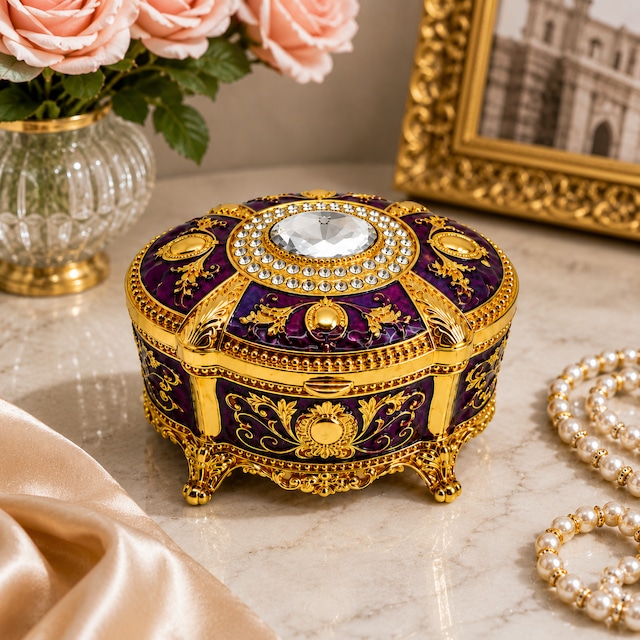 Kristal Taşlı Oval Mücevher Kutusu Kadife İç Kaplamalı Gold İşlemeli Takı Kutusu Dekoratif Saklama Kutusu Mor