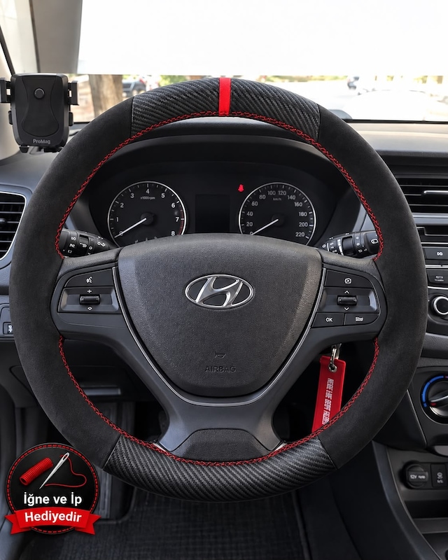 Hyundai İ20 Active Dikme Direksiyon Kılıfı Alcantara Süet Mat Karbon Kırmızı Yüzük Ve Dikiş 2015-2020