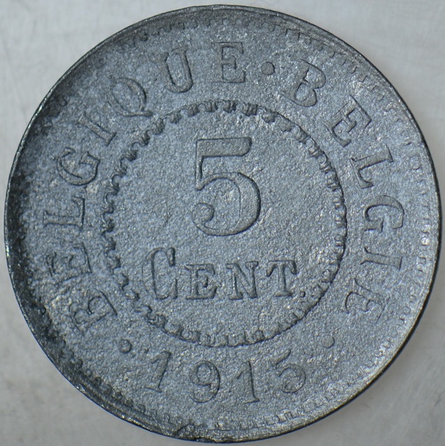 Belçika 5 Centimes 1915 Alman İşgali-ı. Dünya Savaşı Dönemi. Çinko.