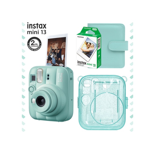 Instax Mini 13 Yeşil Fotoğraf Makinesi + Deri Albüm + Pleksi Kılıf + 10'lu Film Hediye Seti