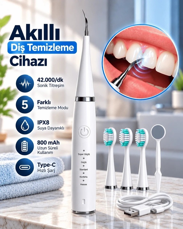 Lb 1. Taşınabilir Akıllı Diş Temizleme Cihazı Ayarlanabilir 5 Kademe Type C Şarjlı Sonic Temizleme