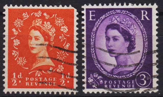 Birleşik Krallık 2 Çeşit Damgalı Pul Kraliçe Iı. Elizabeth Portreli 1950ler 1960lar. İngiltere. Teşhir Ürün