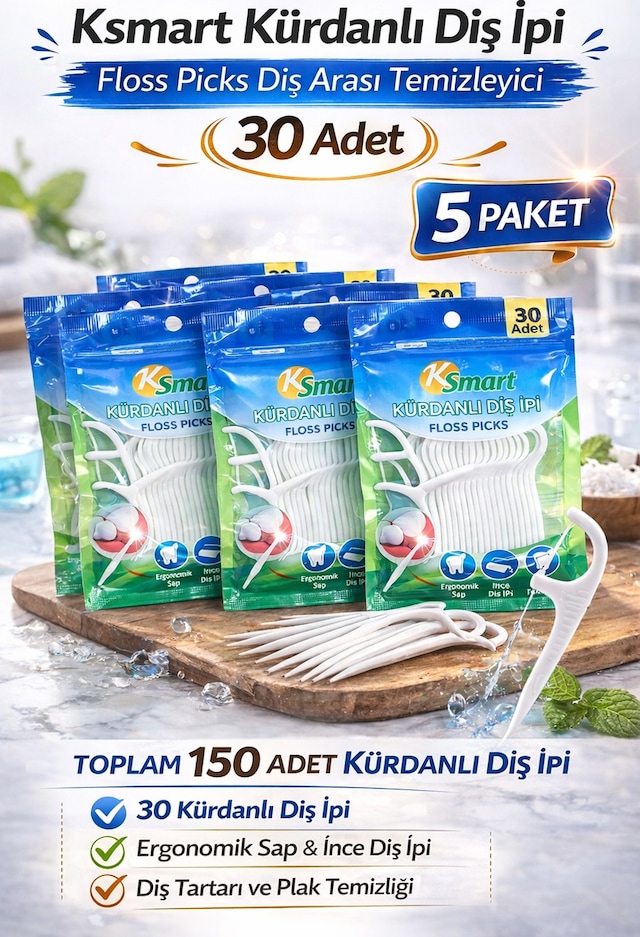 Ksmart Kürdanlı Diş İpi 30 Adet Floss Picks Diş Arası Temizleyici 5 Paket