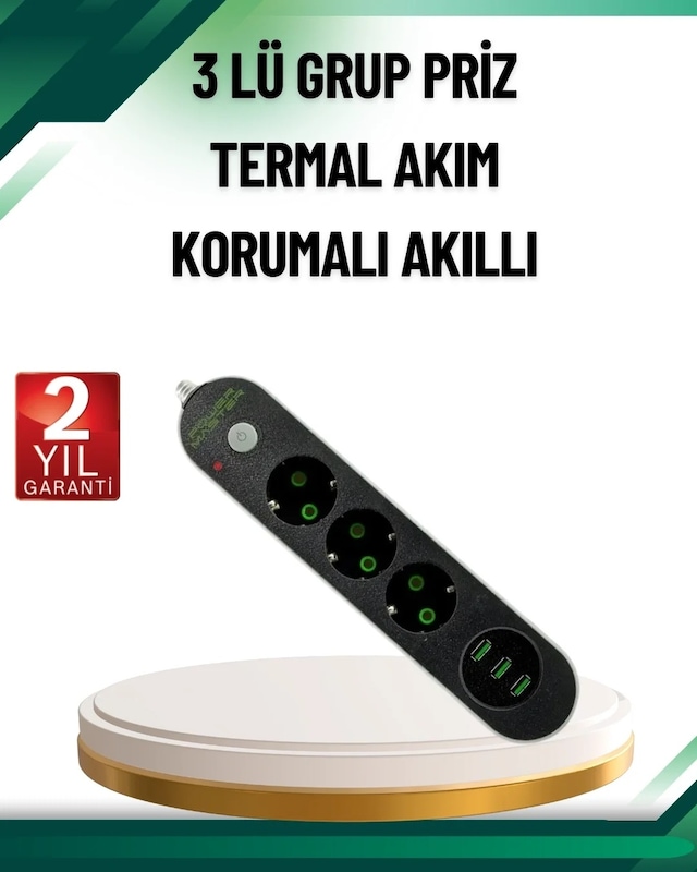 Ers Akım Korumalı Anahtarlı Usb Girişli Üçlü Priz