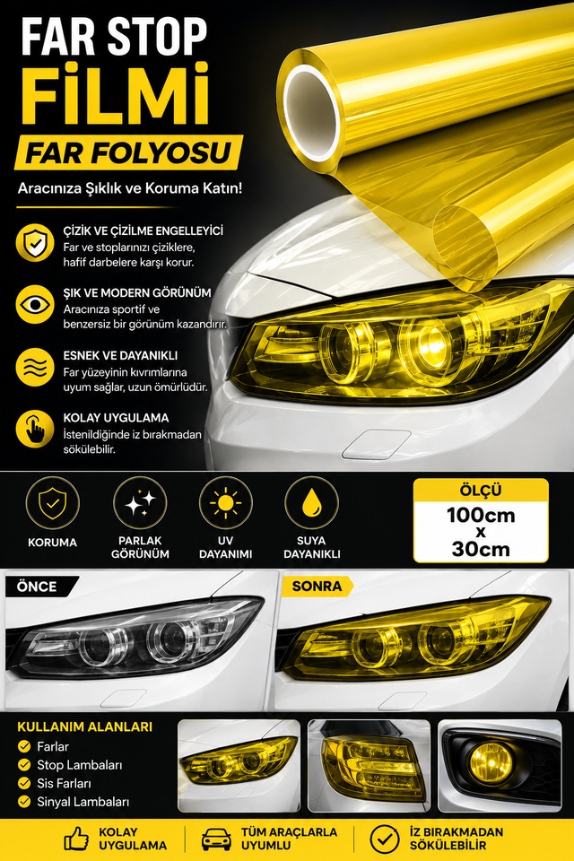 Far Stop Filmi Sarı Far Folyosu 100cm X 30cm Far Çizilme Engelleyici Folyo