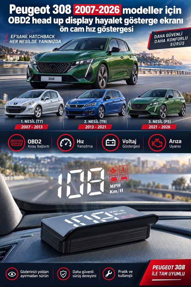 Peugeot 308 2007-2026 Modeller İçin Obd2 Head Up Display Hayalet Gösterge Ekranı Ön Cam Hız Göstergesi