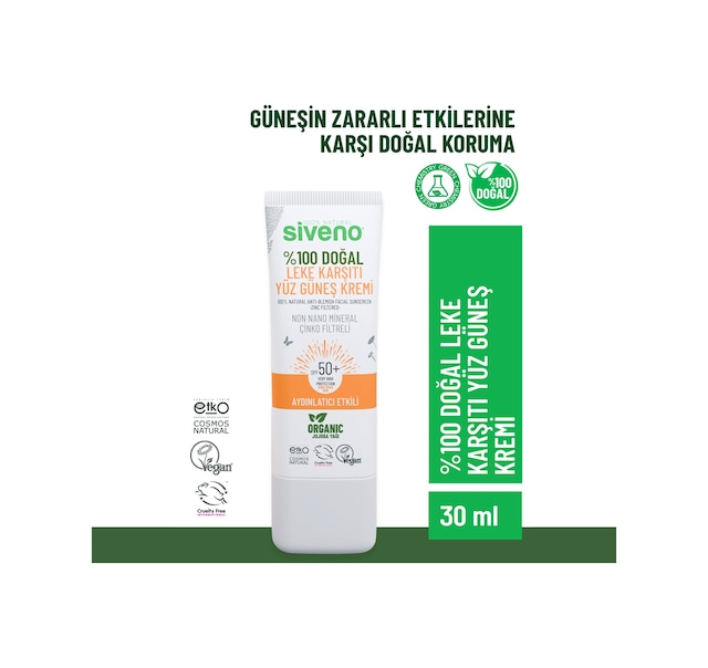 Siveno %100 Doğal Yüz Güneş Kremi Leke Karşıtı Aydınlatıcı Çinko Mineral Filtre UVA UVB SPF 50+ 30 ML