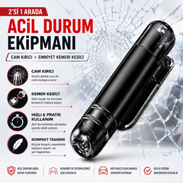 Araç Acil Durum Kiti 2'si 1 Arada Cam Kırıcı Ve Emniyet Kemeri Kesici Taşınabilir Oto Güvenlik Aparatı