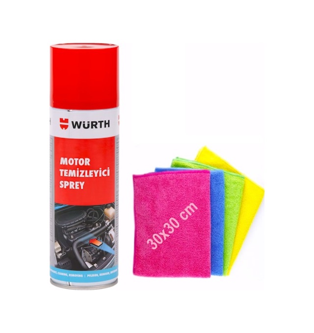 Oto Motto Würth Hızlı Motor Temizleme Spreyi 500ml Ve 4'lü Kullan At Mikrofiber Silme Temizleme Bezi