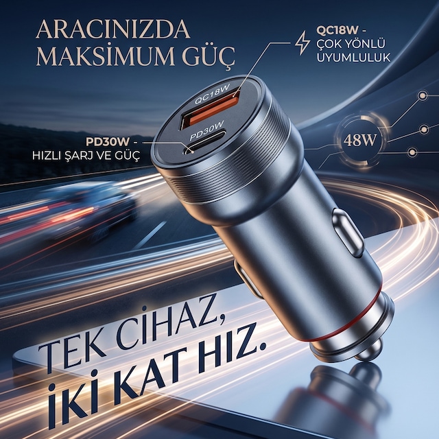 48w Hızlı Araç Şarj Cihazı - Çift Port Pd 30w Ve Qc 18w Usb Araç Şarjı -