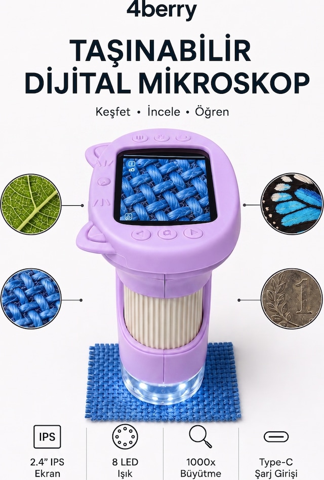 4berry Taşınabilir Fotoğraf Çekebilen Dijital Mikroskop 1000x 2.4 Ips Ekran, 2 Mp Kamera, 8 Led Işık, Type-c Şarjlı Mor