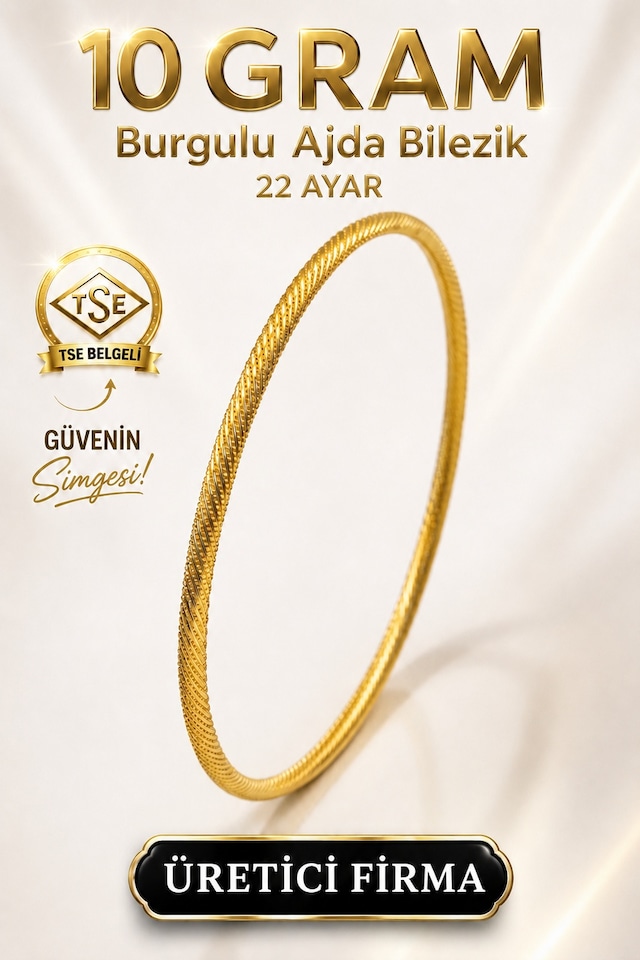 22 Ayar Tse Belgeli 10 Gram Burgulu Ajda Altın Bilezik İşçiliksiz