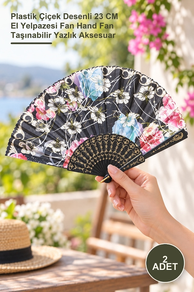 2 Adet Yelpaze Plastik Çiçek Desenli 23 Cm El Yelpazesi Fan Hand Fan Taşınabilir Yazlık Aksesuar