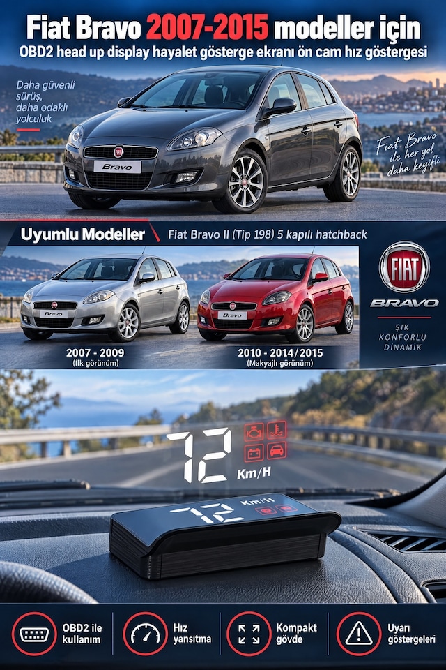 Fiat Bravo 2007-2015 Modeller İçin Obd2 Head Up Display Hayalet Gösterge Ekranı Ön Cam Hız Göstergesi
