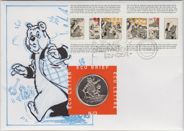 Hollanda 1 Ecu 1996 Marten Toonder Çizgifilm. Pullu İlk Gün Zarfında Bilgi Kartıyla. Çil.