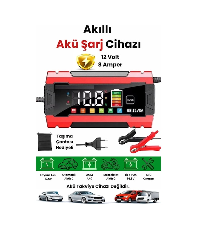 Ers 12v 8a Akıllı Akü Şarj Cihazı 12v 8a Lcd Ekranlı Pulse Repair Otomatik Akü Şarj & Desülfatör