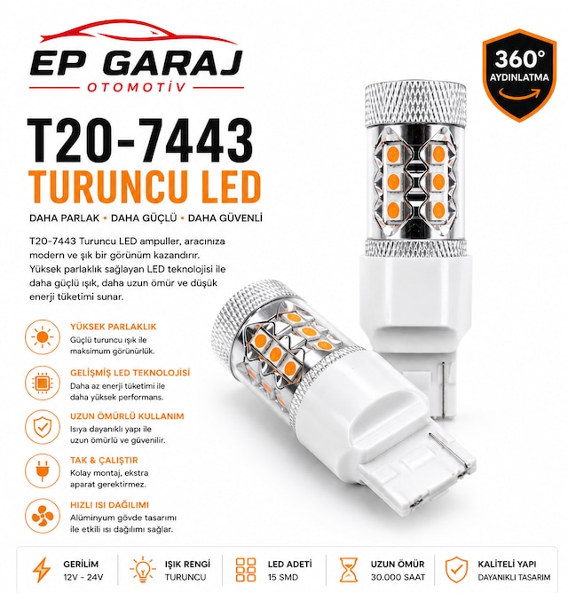 Üniversal T20-7443 Turuncu Led Ampul Güçlü Sinyal Ve Şık Görünüm 0000