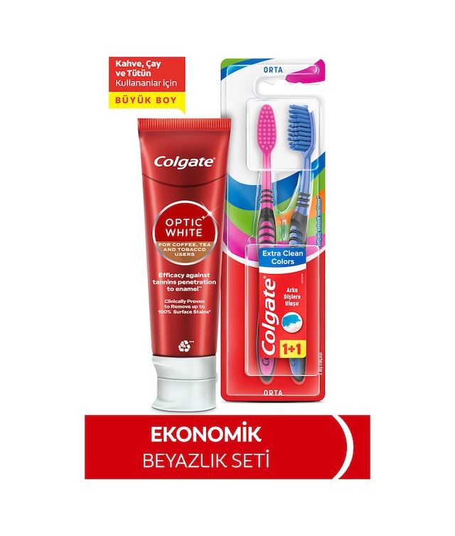 Colgate Optic White Kahve, Çay Kullananlar Için Diş Macunu 125 Ml, Extra Clean Orta Diş Fırçası 1+1