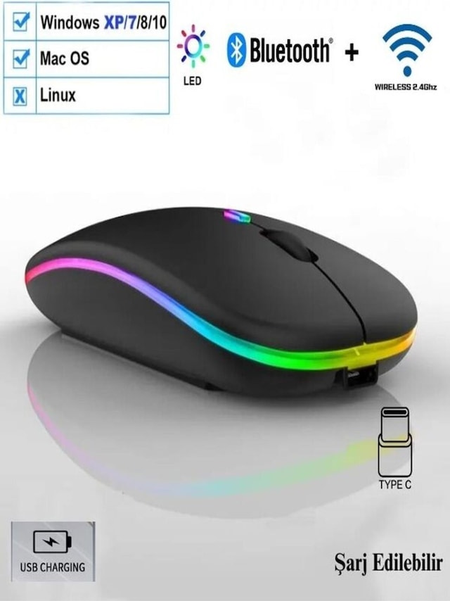 Kablosuz Fare Bluetooth Mouse Typec Şarjlı Sessiz Mac Windows Telefon Tablet Uyumlu 1600 Dpı 600ma Çok Renkli
