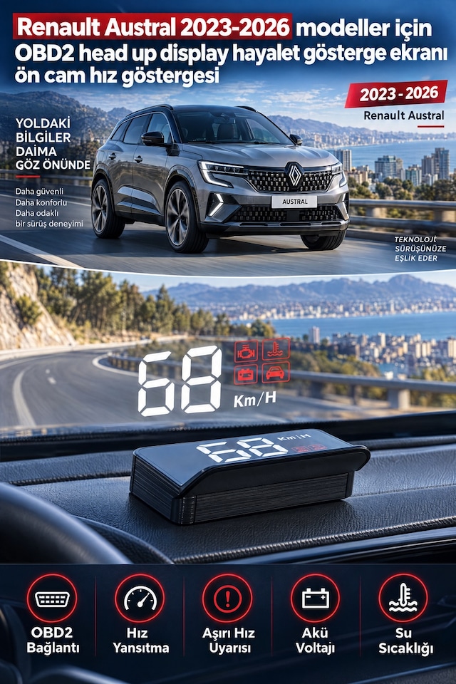 Renault Austral 2023-2026 Modeller İçin Obd2 Head Up Display Hayalet Gösterge Ekranı Ön Cam Hız Göstergesi