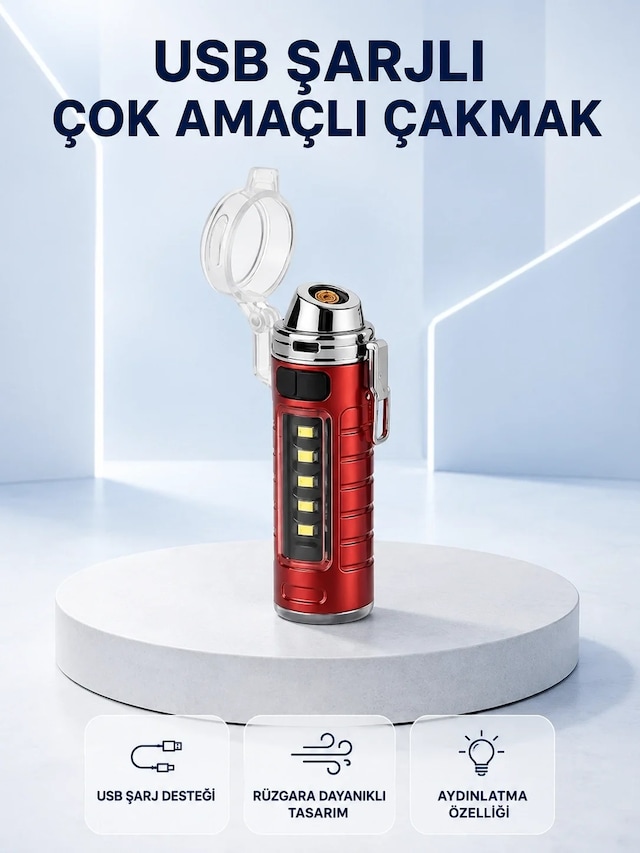 Ers Usb Şarjlı Rüzgar Geçirmez Elektrikli Çakmak El Fenerli