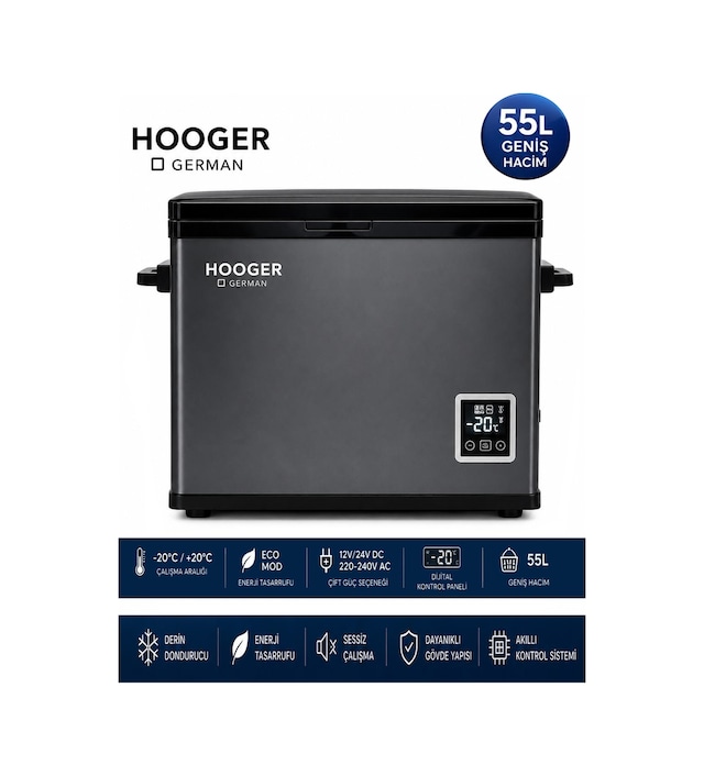 Hooger German EA 55 LTX New Series Geniş Kabin Dijital Led Ekran Oto Kamp Buzdolabı 12-24 Volt -20 Derece Hızlı Soğutma