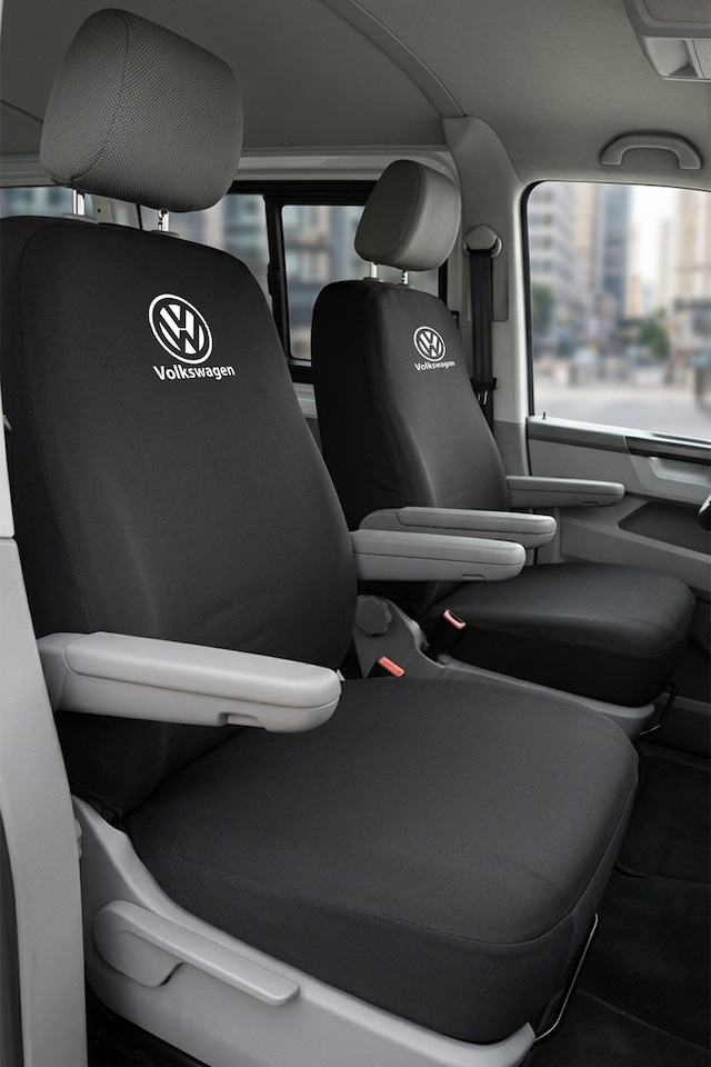 Volkswagen Transporter 4+1 - Siyah Penye Oto Koltuk Kılıfı - Marka Logo Baskılı