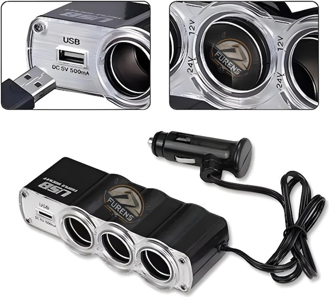 3 Port 1 Usb Oto Araç Çakmaklık Çoğaltıcı Çoklayıcı Hub
