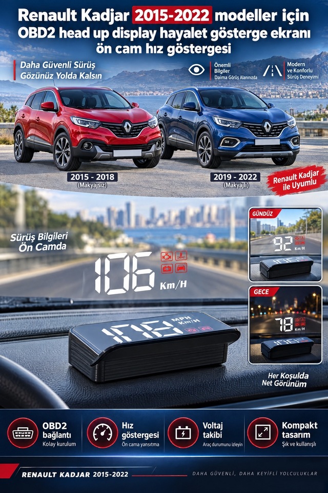 Renault Kadjar 2015-2022 Modeller İçin Obd2 Head Up Display Hayalet Gösterge Ekranı Ön Cam Hız Göstergesi