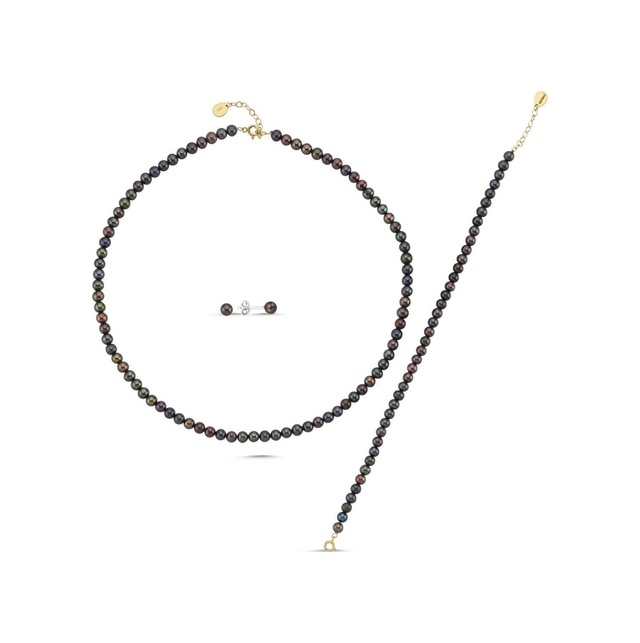 6,5 Mm Siyah İnci Küpe Kolye Bileklik Üçlü Set 40 Cm