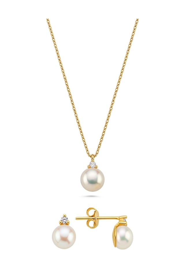 Doğal İnci 0,15 Karat Pırlantalı Küpe Kolye İkili Set - 40 Cm / Sarı