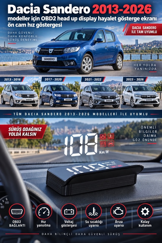 Dacia Sandero 2013-2026 Modeller İçin Obd2 Head Up Display Hayalet Gösterge Ekranı Ön Cam Hız Göstergesi
