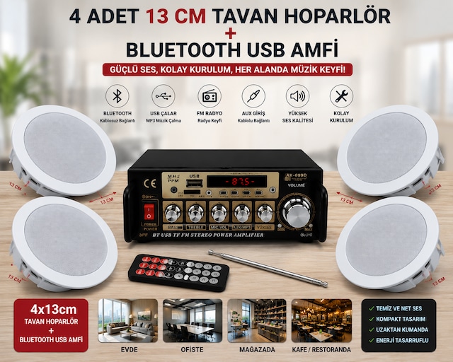 Tavan Hoparlör Seti 1 Adet 400w Anfi Bluetooth Usb Sd Fm + 4 Adet 10 W 13 Cm Tavan Hoparlör