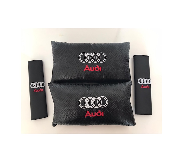 Audi Nakışlı Deri 1 Çift Boyun Yastık Ve 1 Çift Kemer Pedi Siyah