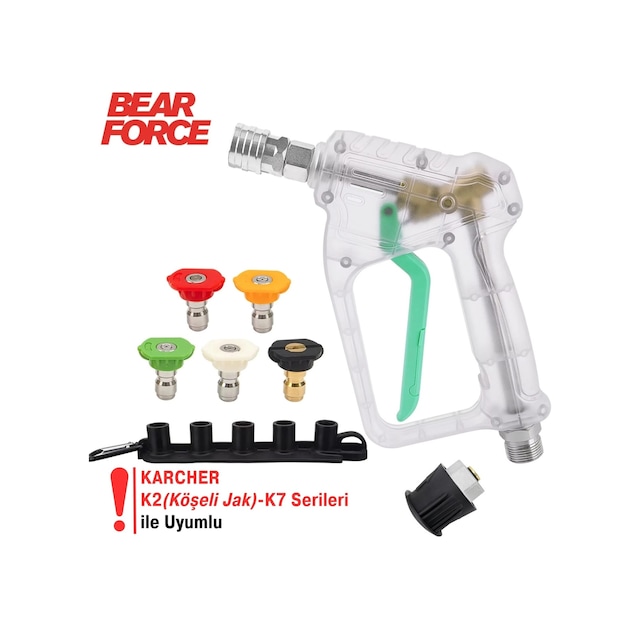 Robeve Bear Force Şeffaf Basınçlı Yıkama Tabancası 5'li Nozzle Set Ve Kemer Klipsi Ile Birlikte Araç Yıkama Tabancası Profesyonel Şeffaf Tasarım Oto Yıkama Tabancası Karcher K Serisi Uyumlu