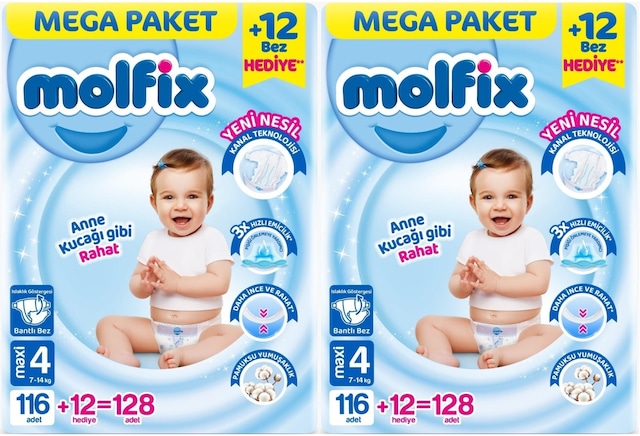 Molfix Bebek Bezi Beden:4 7-14kg Maxi 256 Adet Mega Ekonomik 4 Numara
