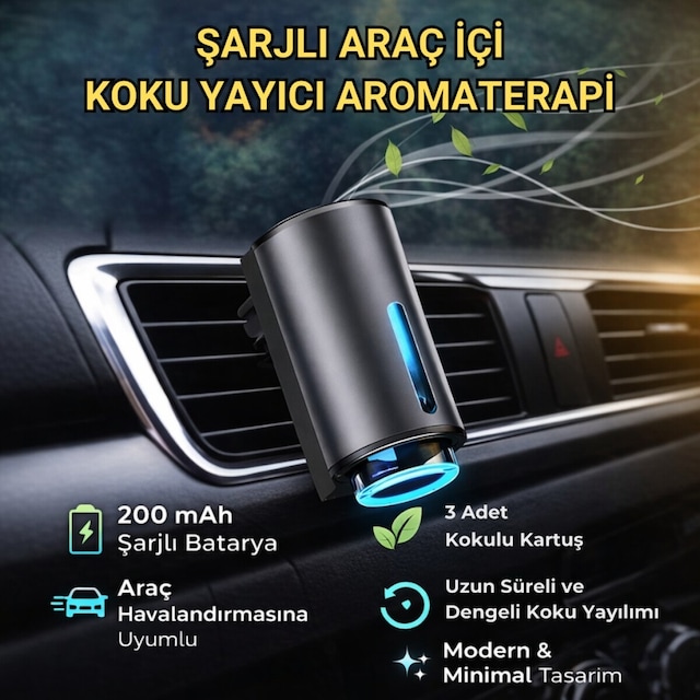 Polham Şarjlı Araç İçi Koku Yayıcı 200 Mah 3 Kokulu Kartuş Ayarlanabilir Koku Modları- Modern Tasarım