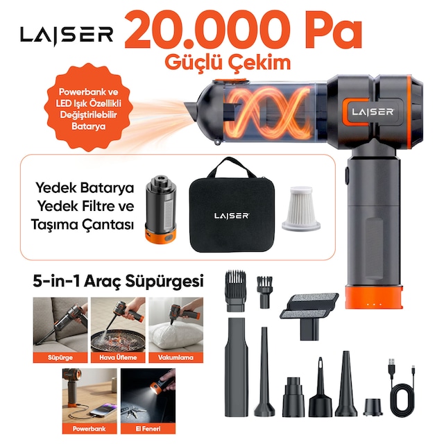 Laiser Vt-120 5-in-1 Kablosuz Araç Süpürgesi: 20.000 Pa Güç & Değiştirilebilir 2 Bataryalı Powerbank Ve Led Işık Özellikli 20000 Pa