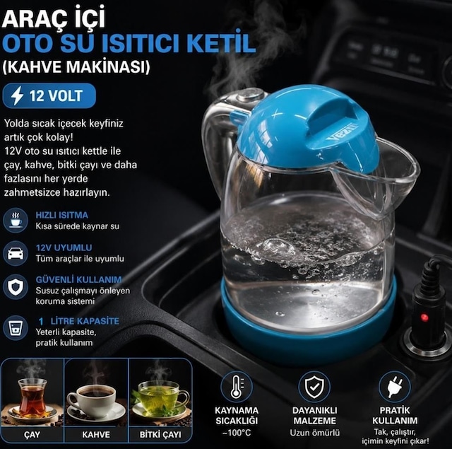 Vezir Vzr-09 Araç İçi Su Isıtıcı Otomatik Rezistanslı Kahve Makinesi Kettle 1 Lt 12 Volt