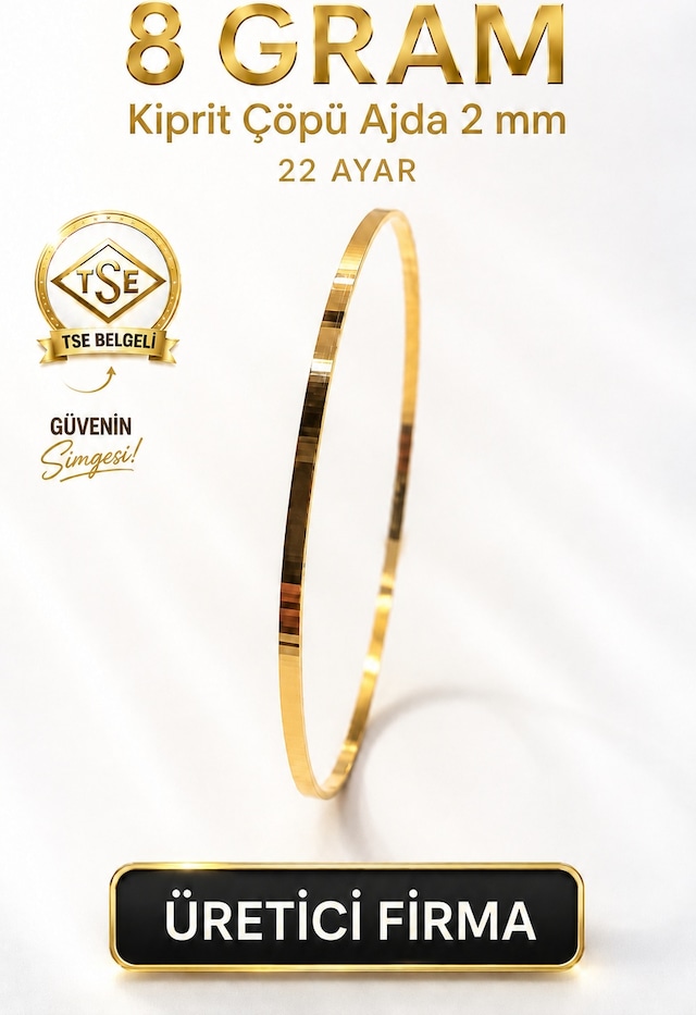 22 Ayar Tse Belgeli 8 Gram 2 Mm Kibrit Çöpü Ajda Altın Bilezik İşçiliksiz