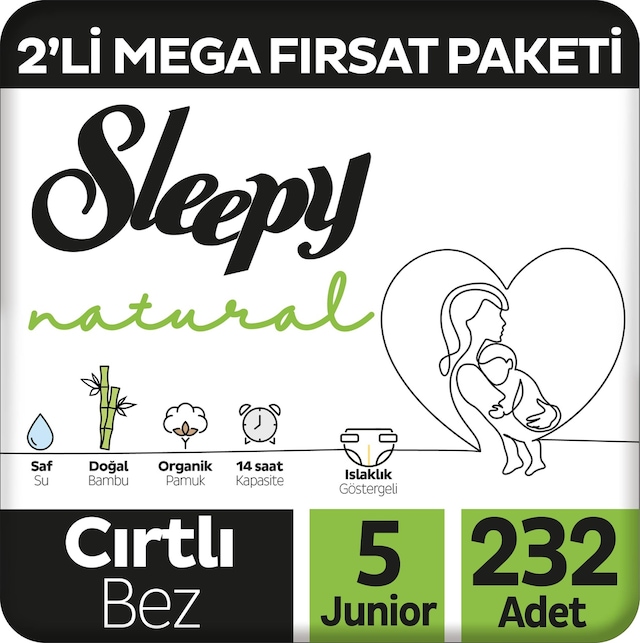 Sleepy Natural 2'li Mega Fırsat Paketi Bebek Bezi 5 Numara 232 Adet 4'lü