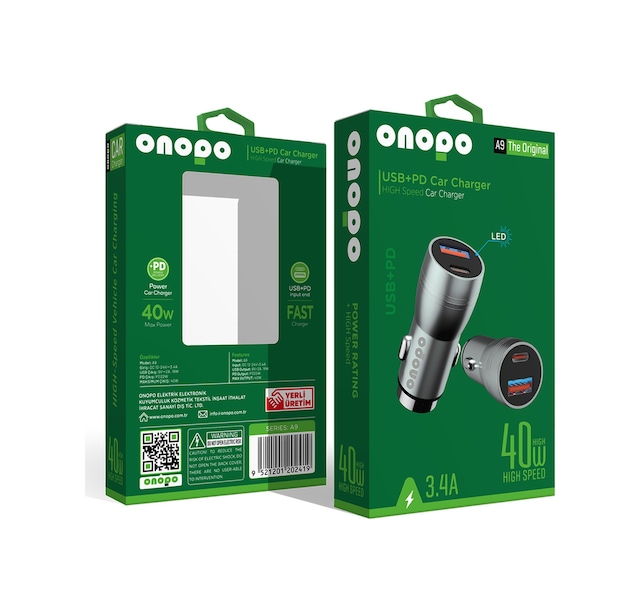 Onopo 3.4a Çift Usb + Type Çıkışlı Metal Hızlı Araç Şarjı 40w -a9