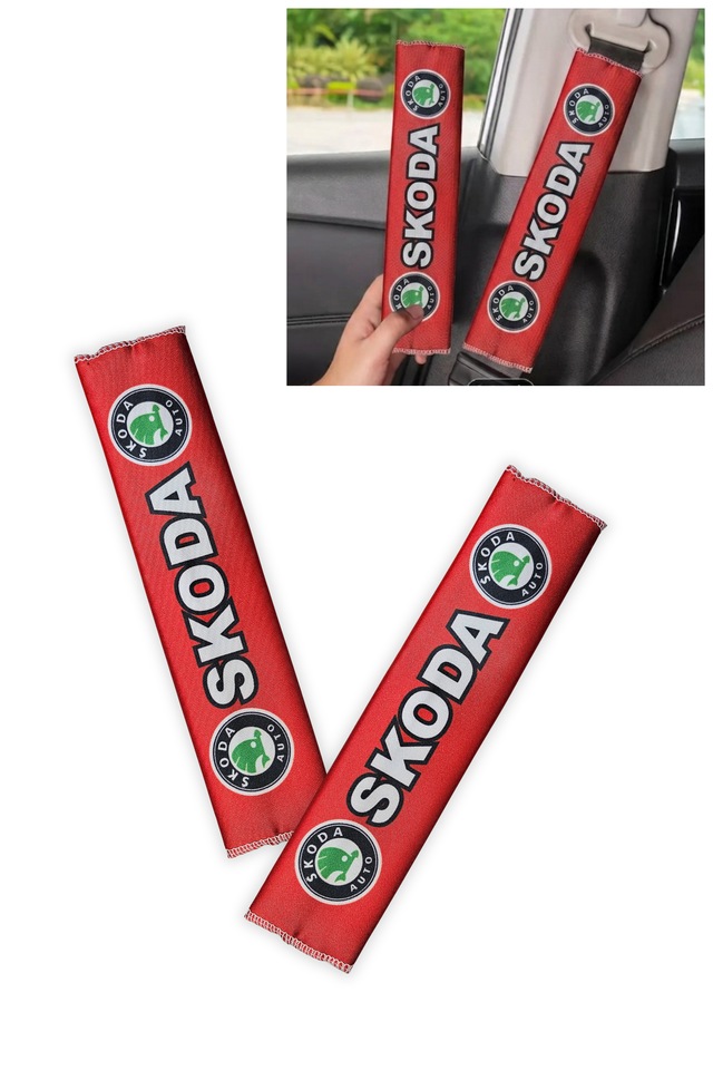 Skoda Araç Uyumlu Dijital Baskılı Kırmızı Emniyet Kemeri Kılıfı