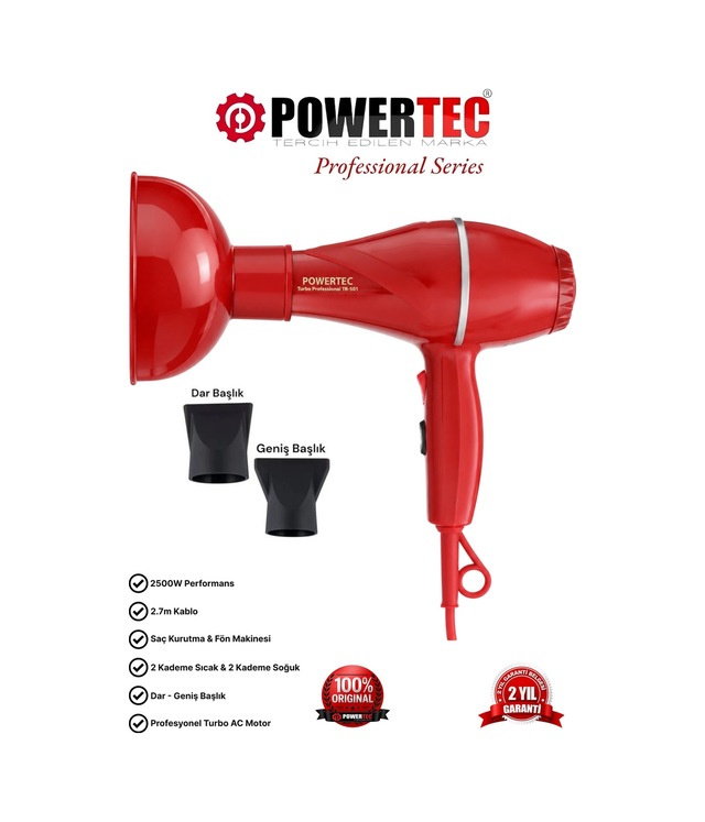 Powertec TR-501+Renkli Hacimlendirici Difüzör Başlıklı Profesyonel Saç Kurutma ve Fön Makinesi