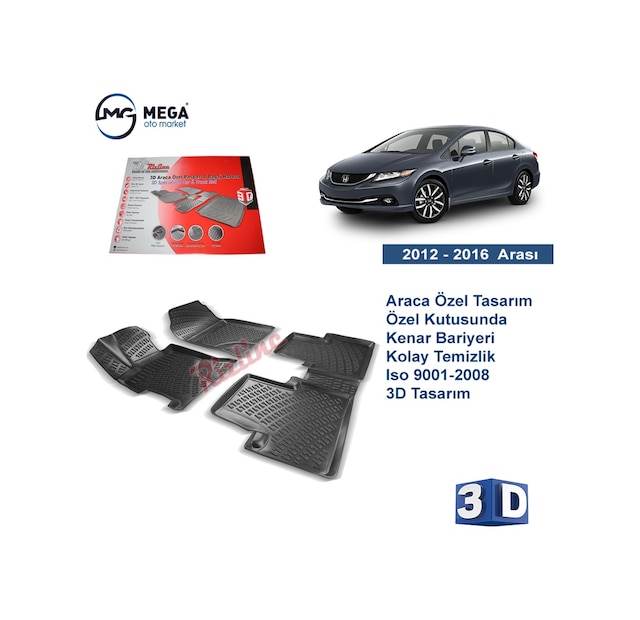 Honda Civic Paspas Fb7 3D Siyah Rizline Havuzlu 2012-2016 Arası
