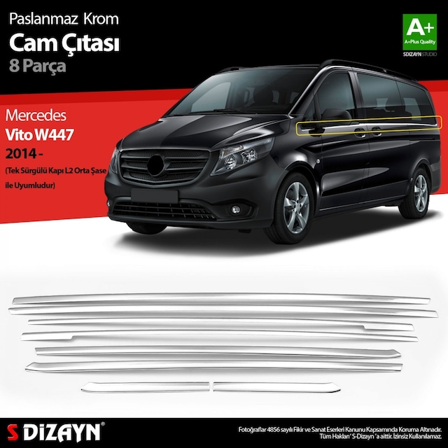 S-dizayn Mercedes Vito W447 Krom Cam Alt Çıtaları 8 Prç. Tek Sürgülü Kapı-l2 Orta Şasi 2014-2020