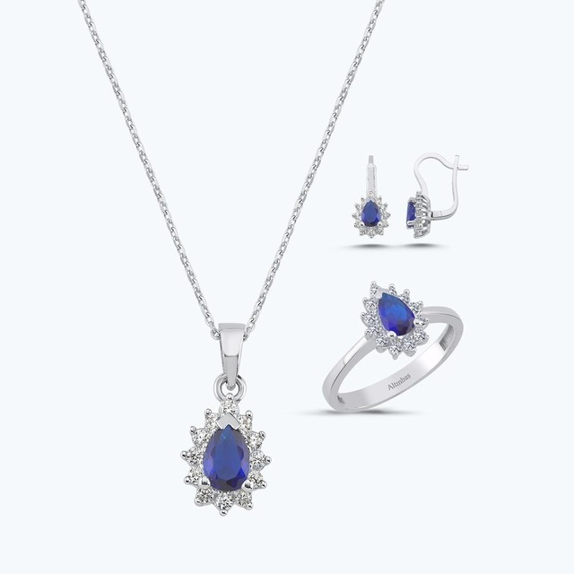 Altınbaş Mavi Taşlı Altın Üçlü Damla Set Autk0017-b-24627-l-set